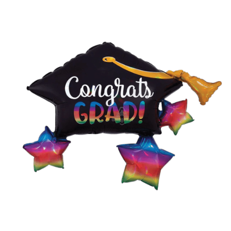 Iridescent Grad Cap & Stars Holographic Super Shape - 34 inc Iridescent Grad Cap & Stars Holographic Super Shape - 34 inc