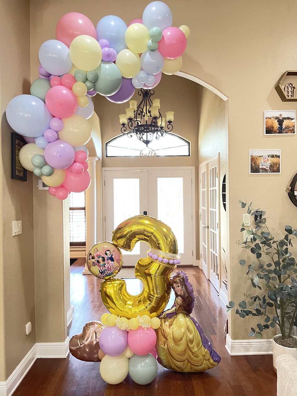 Princess themed birthday balloon garland decor